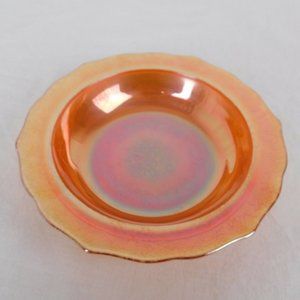 Amber Round Carnival Glass Nut Candy Dish Vine Pattern pressed on back 6.5" wide